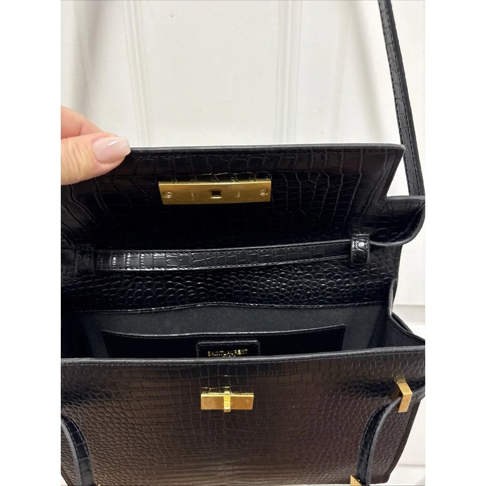Saint Laurent Manhatten Black Embossed Croc Shoulder‎ Bag